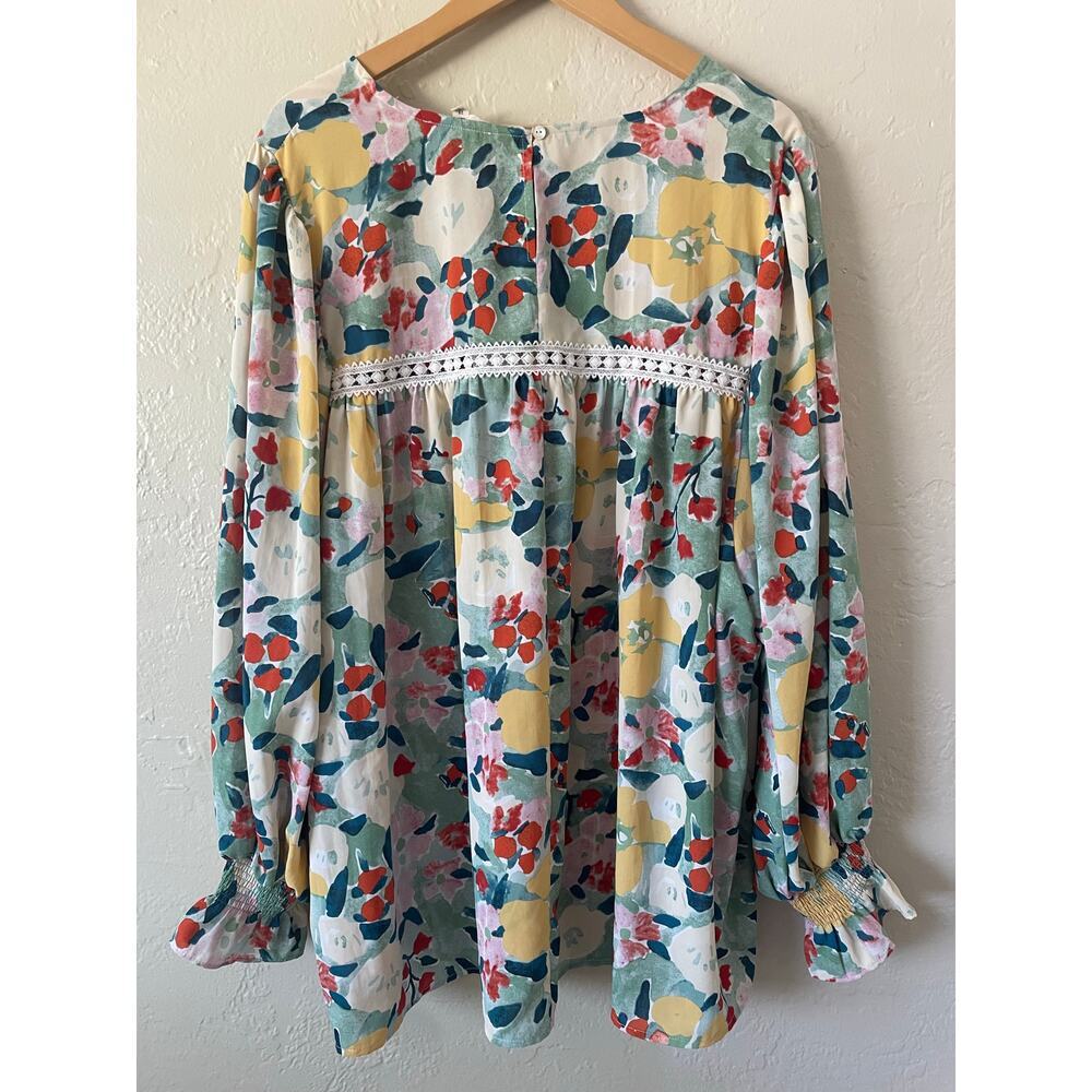 Entro Floral Crochet Detail Smocked Blouse Top Spring Boho Flowy Office Career - Picture 4 of 8
